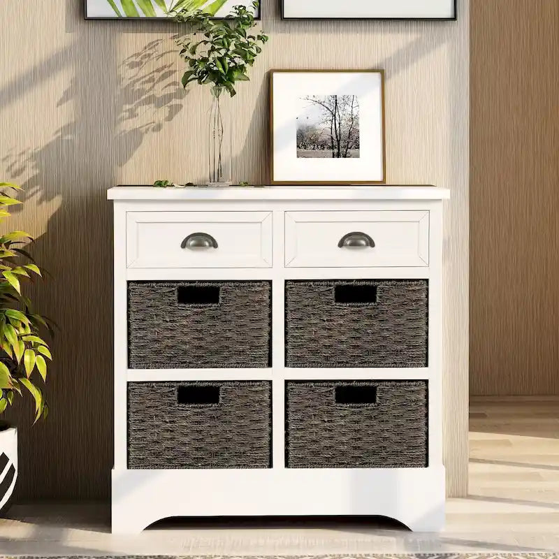 Meuble de rangement 2 tiroirs en bois avec 4 paniers en rotin, 28 po