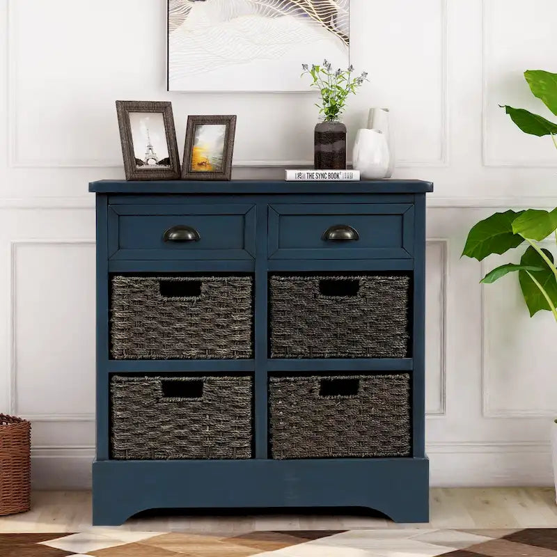 Meuble de rangement 2 tiroirs en bois avec 4 paniers en rotin, 28 po