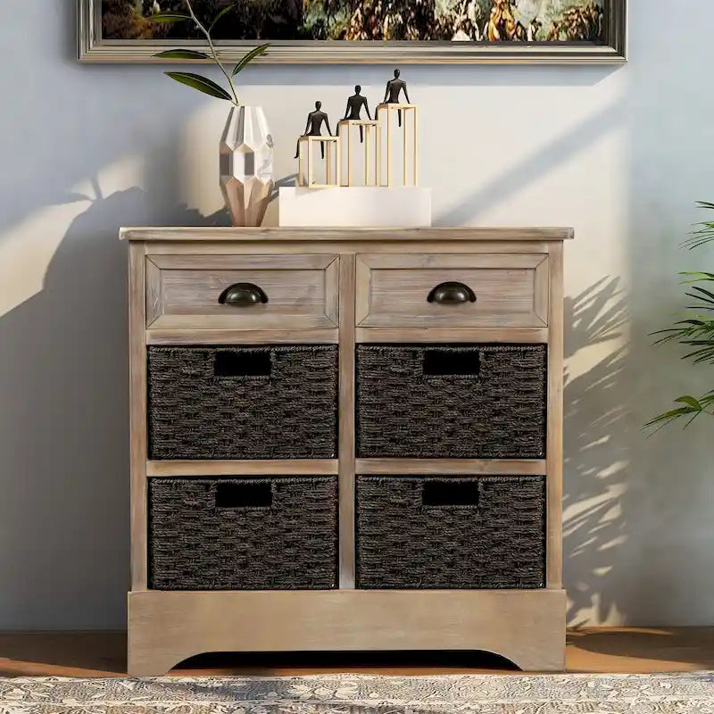 Meuble de rangement 2 tiroirs en bois avec 4 paniers en rotin, 28 po
