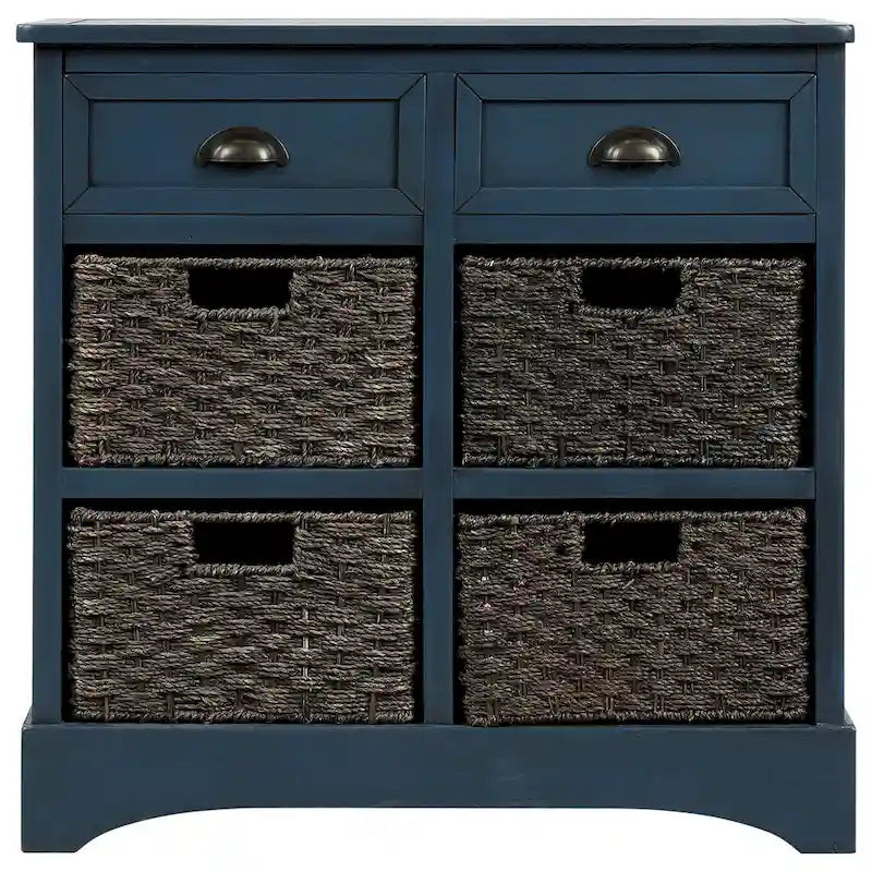Meuble de rangement 2 tiroirs en bois avec 4 paniers en rotin, 28 po