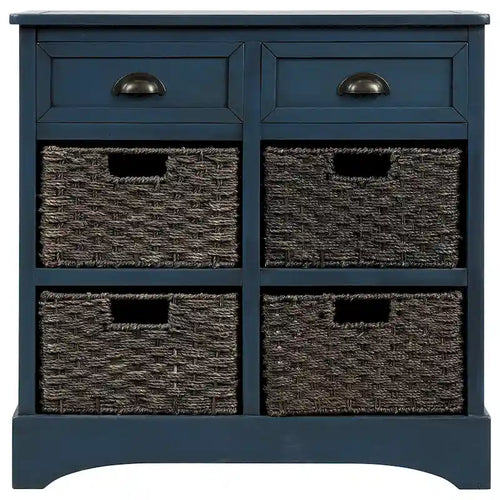 Meuble de rangement 2 tiroirs en bois avec 4 paniers en rotin, 28 po