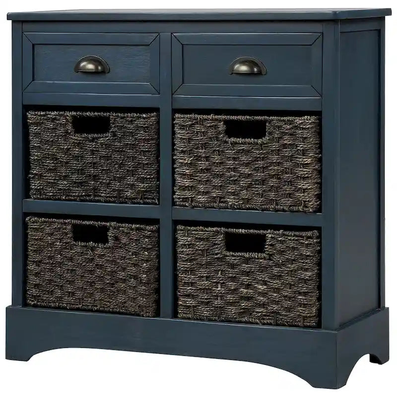 Meuble de rangement 2 tiroirs en bois avec 4 paniers en rotin, 28 po