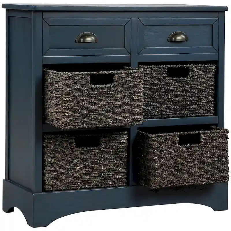 Meuble de rangement 2 tiroirs en bois avec 4 paniers en rotin, 28 po