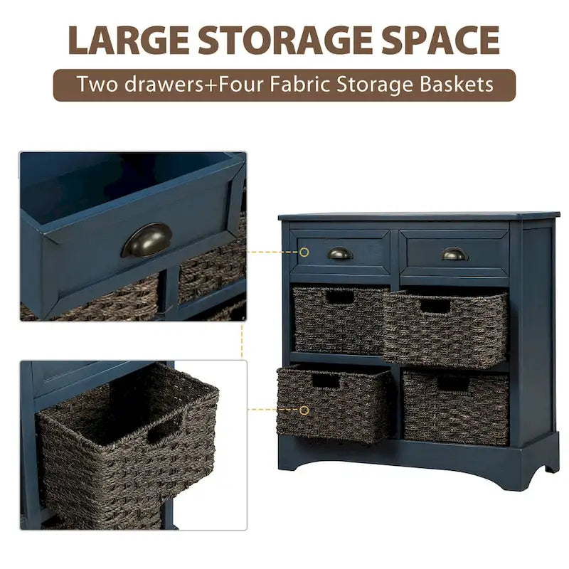 Meuble de rangement 2 tiroirs en bois avec 4 paniers en rotin, 28 po