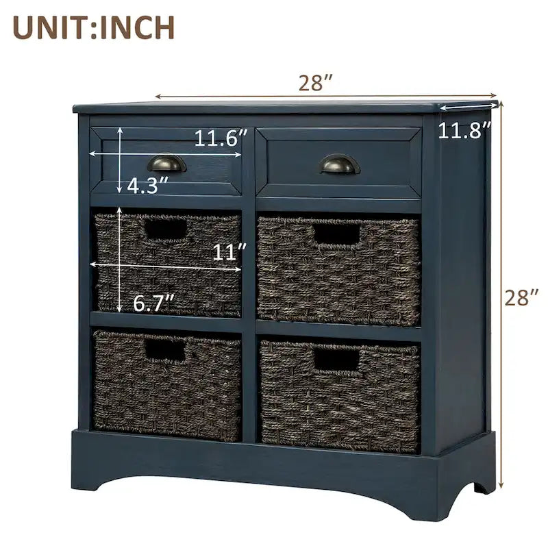Meuble de rangement 2 tiroirs en bois avec 4 paniers en rotin, 28 po