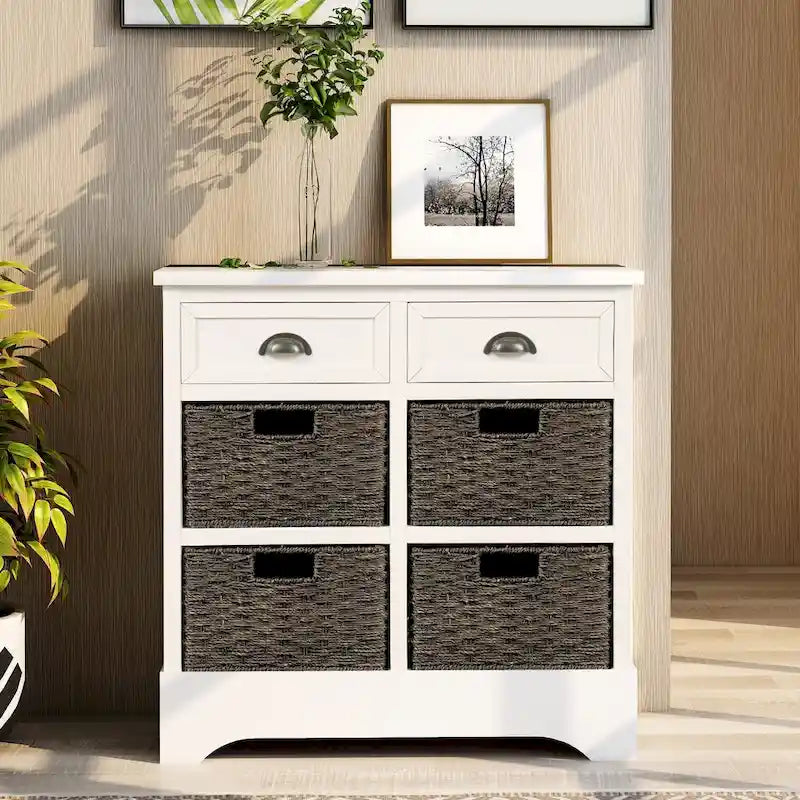 Meuble de rangement 2 tiroirs en bois avec 4 paniers en rotin, 28 po