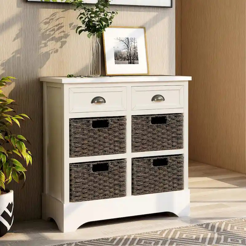 Meuble de rangement 2 tiroirs en bois avec 4 paniers en rotin, 28 po
