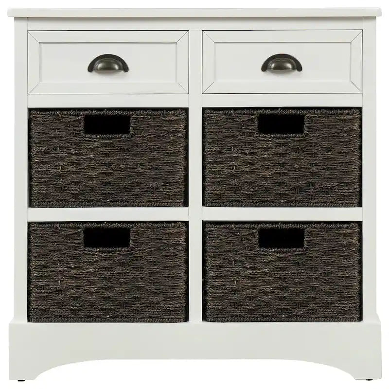 Meuble de rangement 2 tiroirs en bois avec 4 paniers en rotin, 28 po
