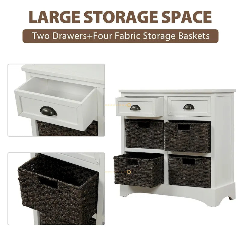 Meuble de rangement 2 tiroirs en bois avec 4 paniers en rotin, 28 po