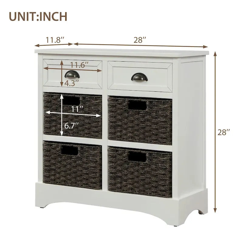 Meuble de rangement 2 tiroirs en bois avec 4 paniers en rotin, 28 po