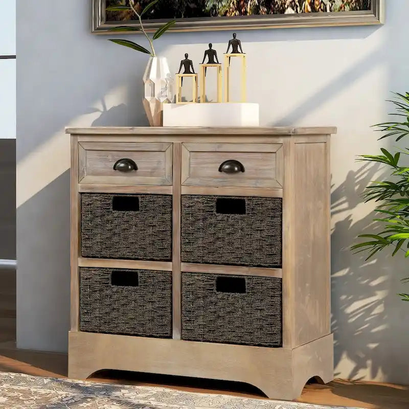 Meuble de rangement 2 tiroirs en bois avec 4 paniers en rotin, 28 po