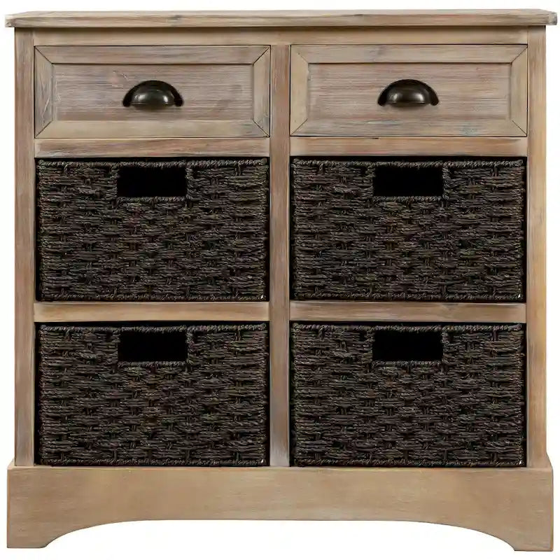 Meuble de rangement 2 tiroirs en bois avec 4 paniers en rotin, 28 po