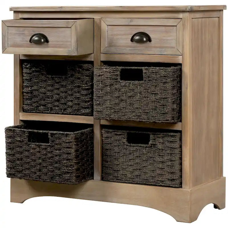 Meuble de rangement 2 tiroirs en bois avec 4 paniers en rotin, 28 po