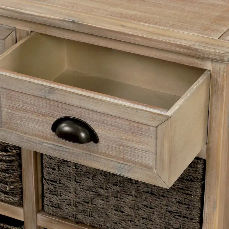 Meuble de rangement 2 tiroirs en bois avec 4 paniers en rotin, 28 po