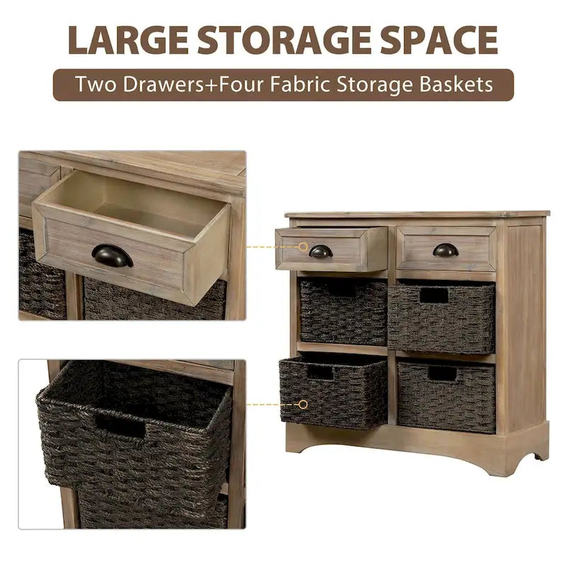 Meuble de rangement 2 tiroirs en bois avec 4 paniers en rotin, 28 po