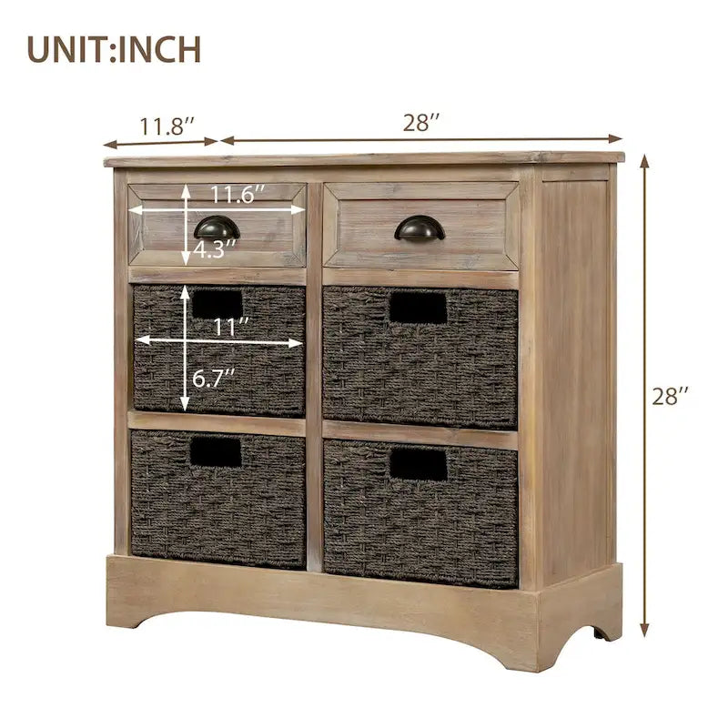 Meuble de rangement 2 tiroirs en bois avec 4 paniers en rotin, 28 po
