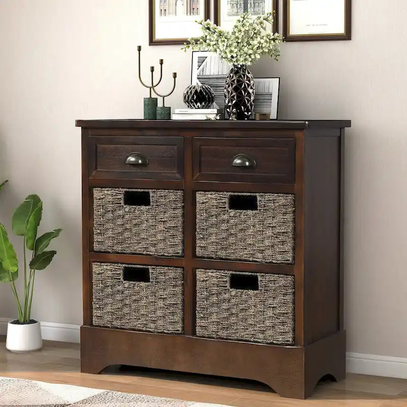 Meuble de rangement 2 tiroirs en bois avec 4 paniers en rotin, 28 po