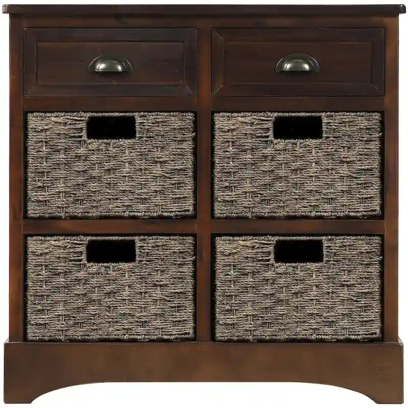 Meuble de rangement 2 tiroirs en bois avec 4 paniers en rotin, 28 po