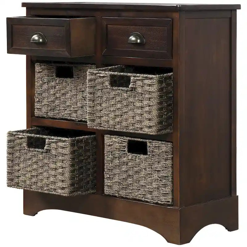 Meuble de rangement 2 tiroirs en bois avec 4 paniers en rotin, 28 po