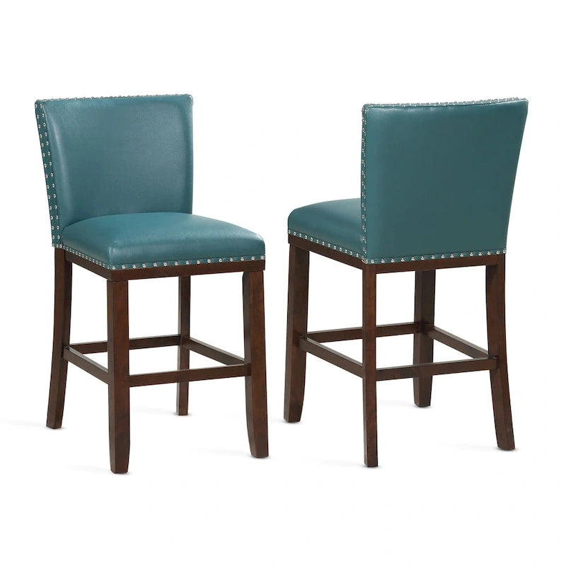 Tabouret de bar en bois et similicuir avec clous décoratifs et pieds espresso
