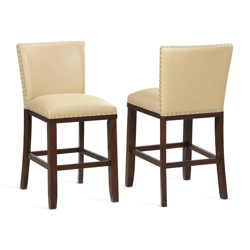 Tabouret de bar en bois et similicuir avec clous décoratifs et pieds espresso