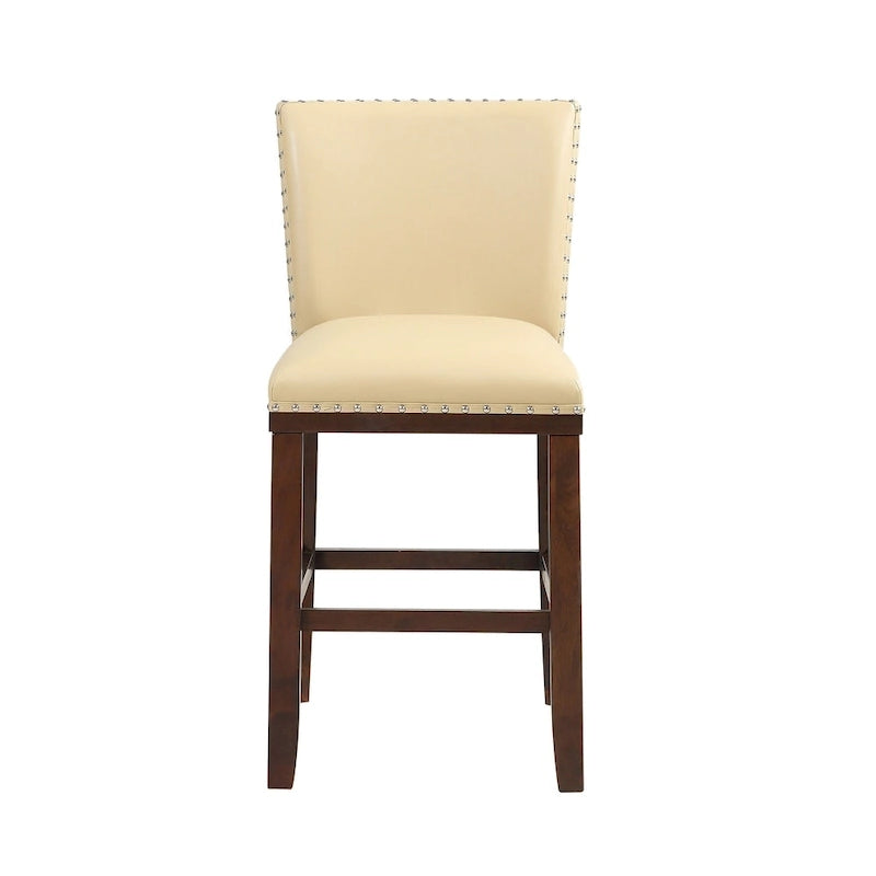 Tabouret de bar en bois et similicuir avec clous décoratifs et pieds espresso