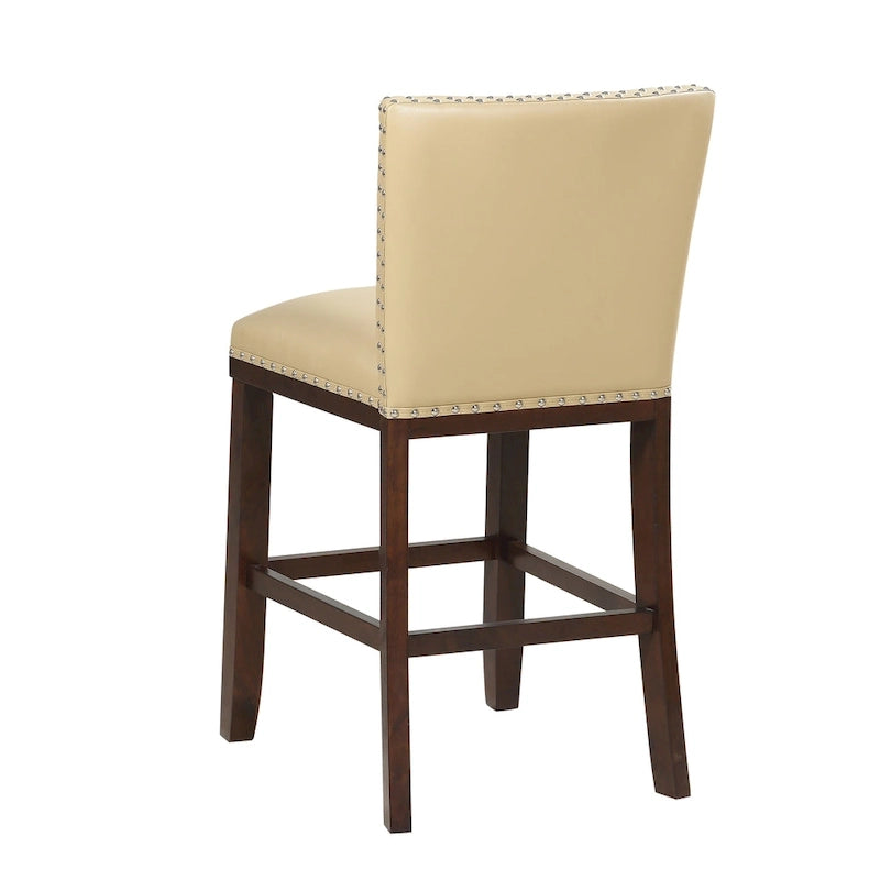 Tabouret de bar en bois et similicuir avec clous décoratifs et pieds espresso