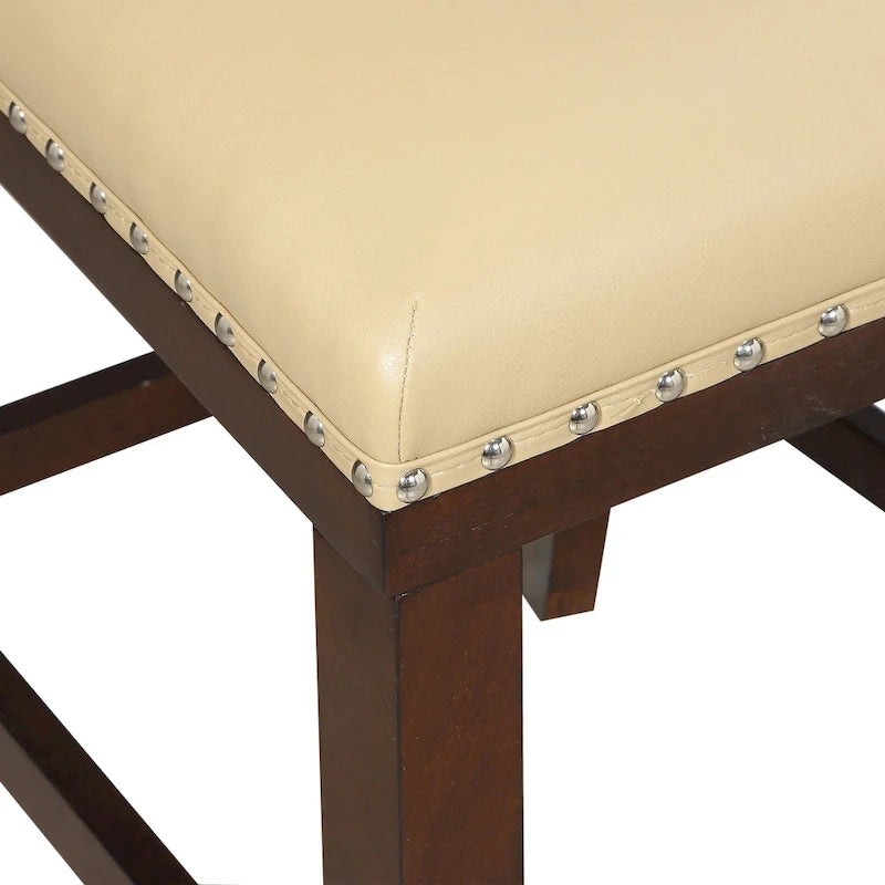 Tabouret de bar en bois et similicuir avec clous décoratifs et pieds espresso
