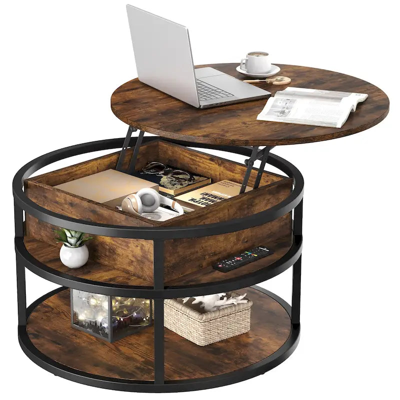 Table basse ronde relevable avec rangement dissimulé et étagère