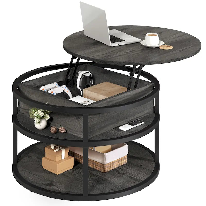 Table basse ronde relevable avec rangement dissimulé et étagère