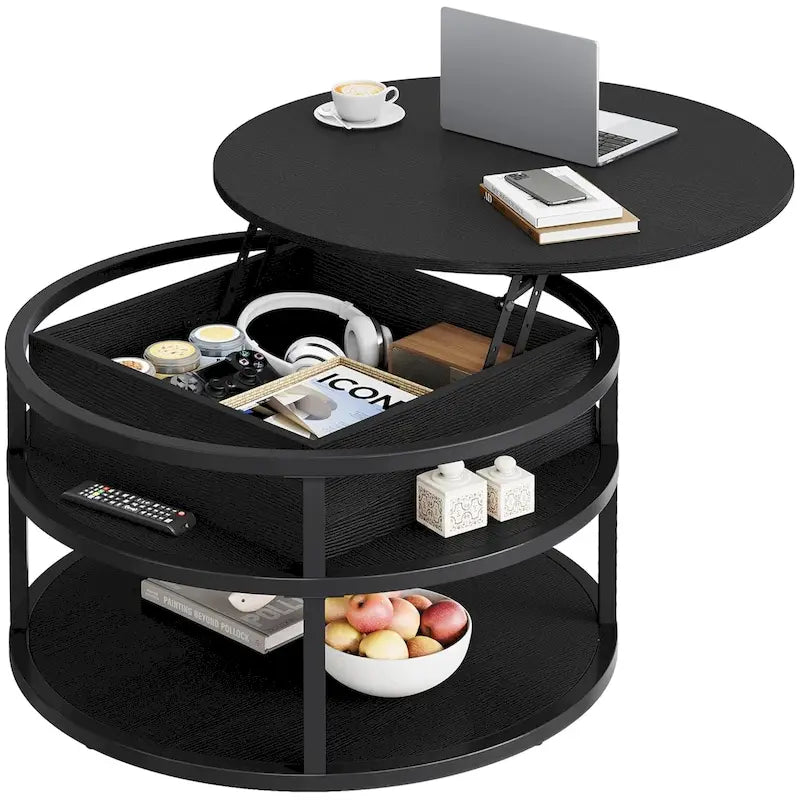 Table basse ronde relevable avec rangement dissimulé et étagère