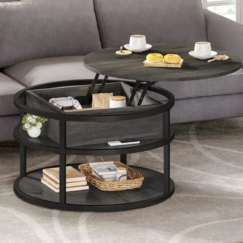 Table basse ronde relevable avec rangement dissimulé et étagère