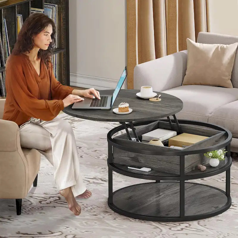 Table basse ronde relevable avec rangement dissimulé et étagère