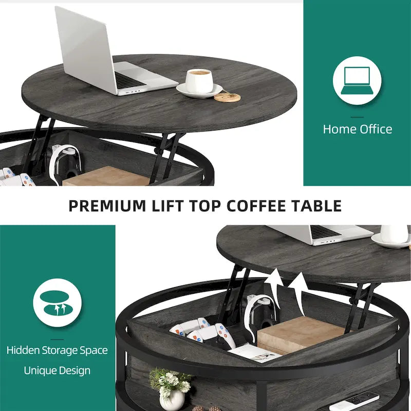 Table basse ronde relevable avec rangement dissimulé et étagère