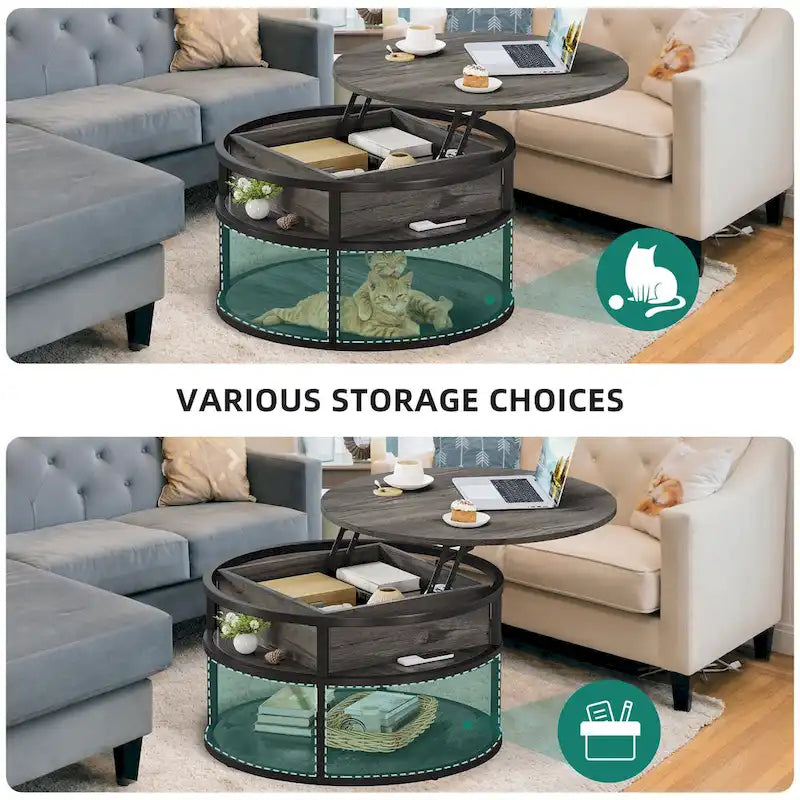 Table basse ronde relevable avec rangement dissimulé et étagère