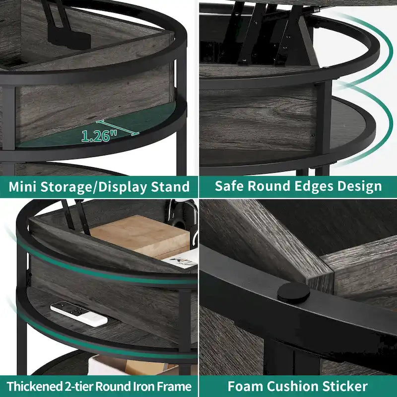 Table basse ronde relevable avec rangement dissimulé et étagère