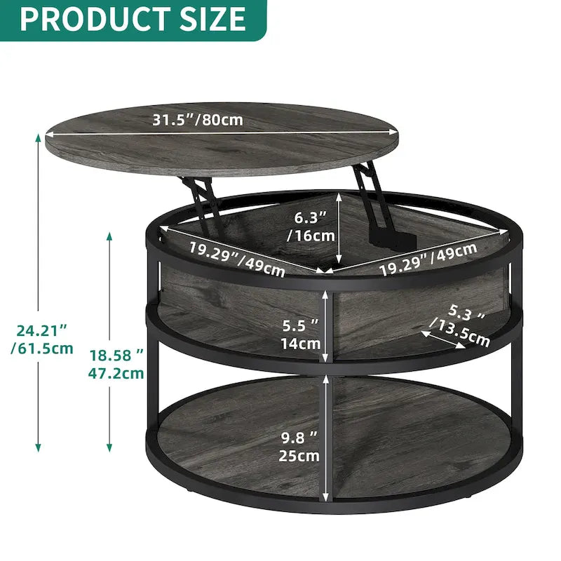 Table basse ronde relevable avec rangement dissimulé et étagère