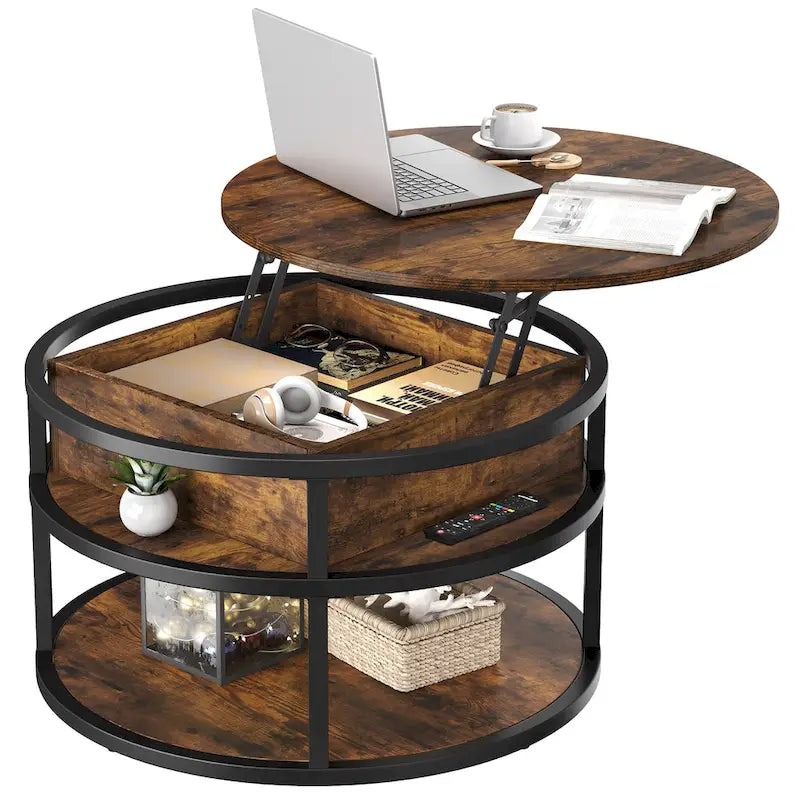 Table basse ronde relevable avec rangement dissimulé et étagère