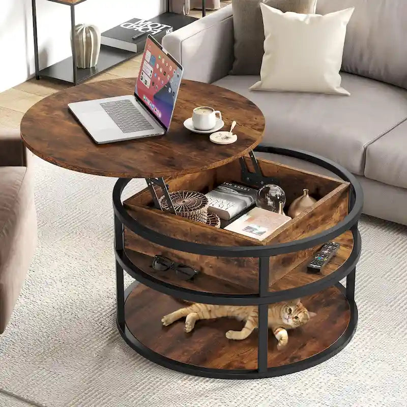 Table basse ronde relevable avec rangement dissimulé et étagère