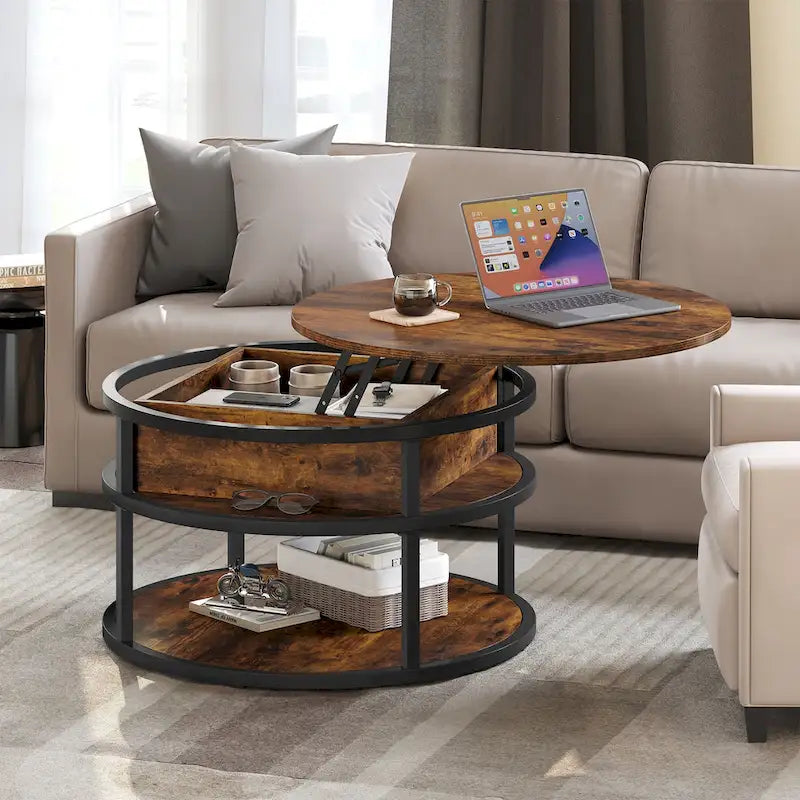 Table basse ronde relevable avec rangement dissimulé et étagère