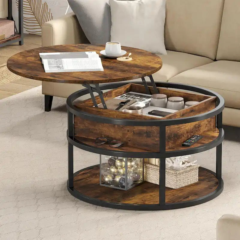 Table basse ronde relevable avec rangement dissimulé et étagère