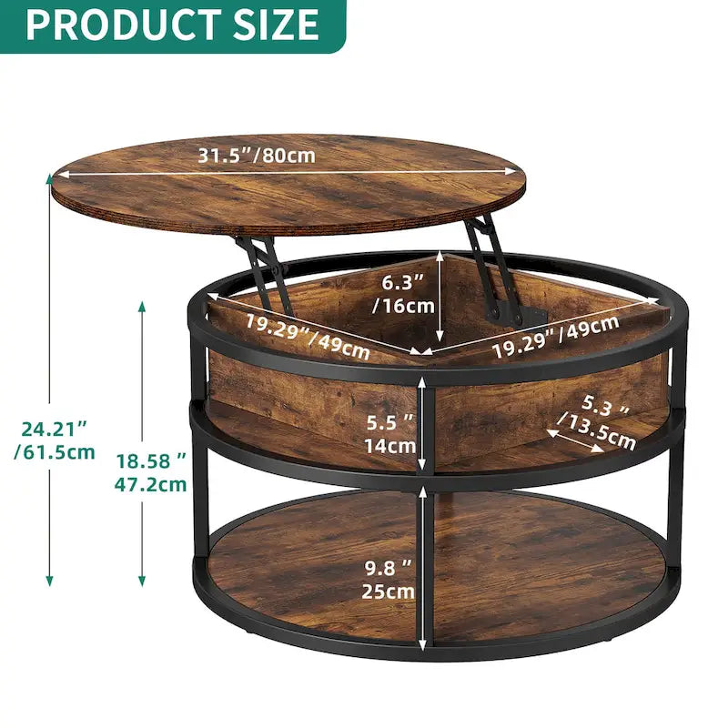 Table basse ronde relevable avec rangement dissimulé et étagère