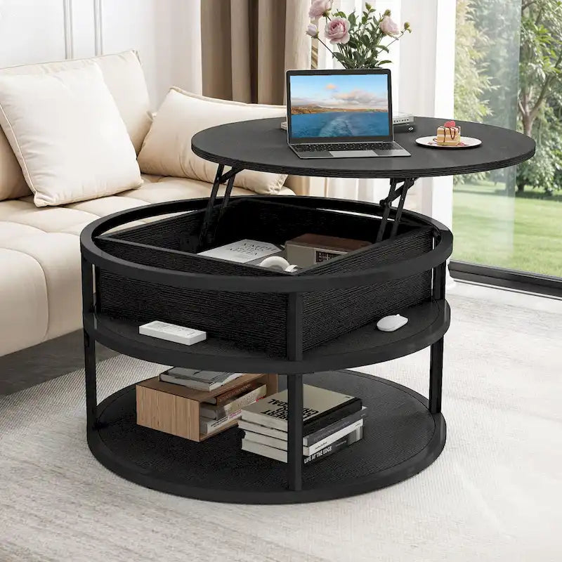 Table basse ronde relevable avec rangement dissimulé et étagère