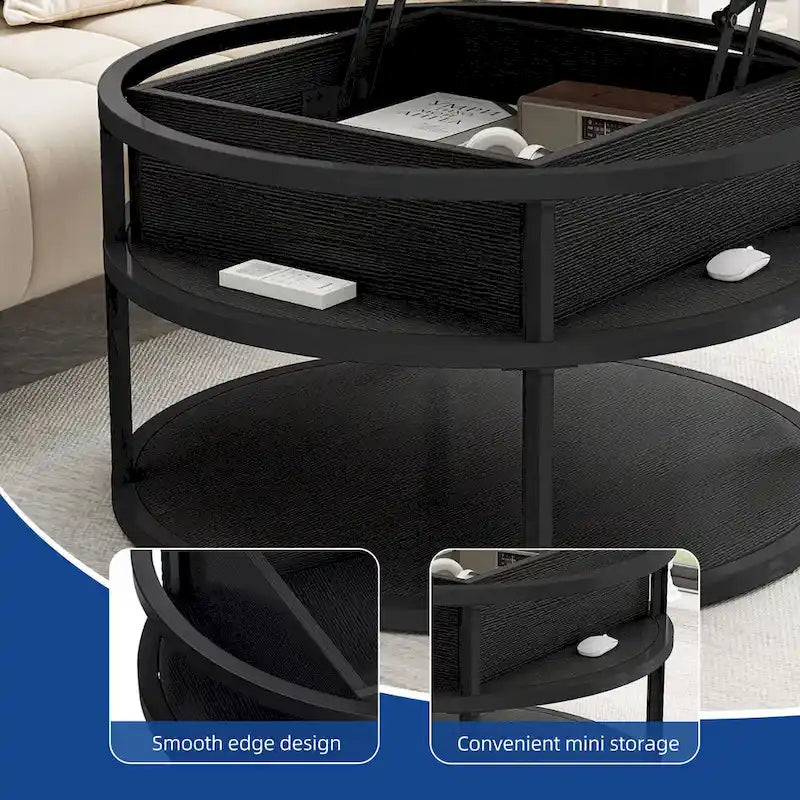 Table basse ronde relevable avec rangement dissimulé et étagère