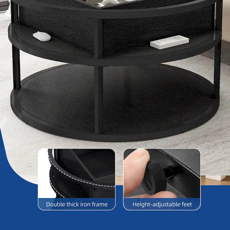 Table basse ronde relevable avec rangement dissimulé et étagère