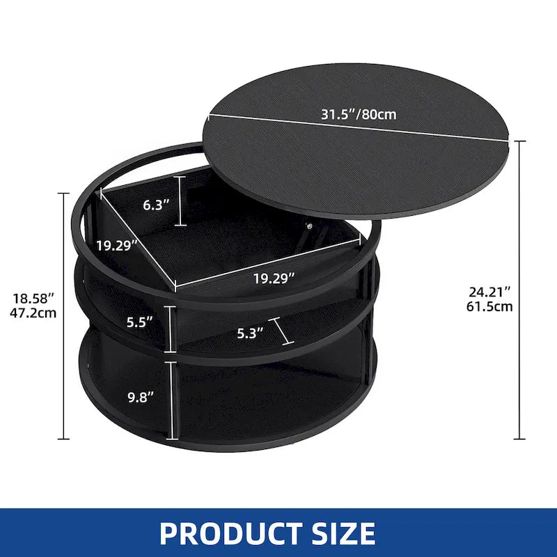 Table basse ronde relevable avec rangement dissimulé et étagère