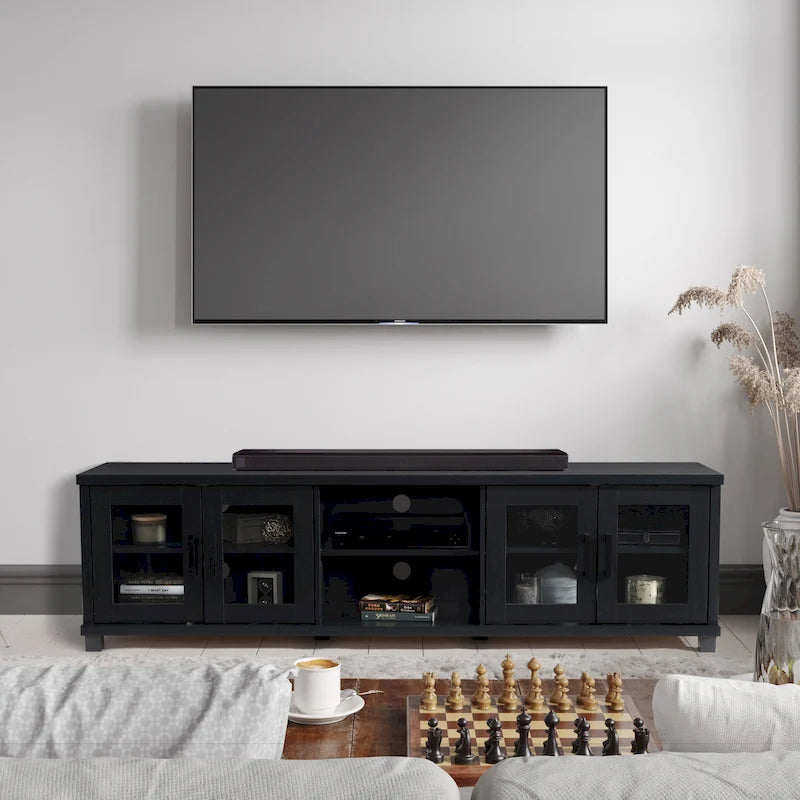 Meuble TV extra-large noir avec rangements à portes vitrées pour téléviseurs jusqu'à 95 pouces