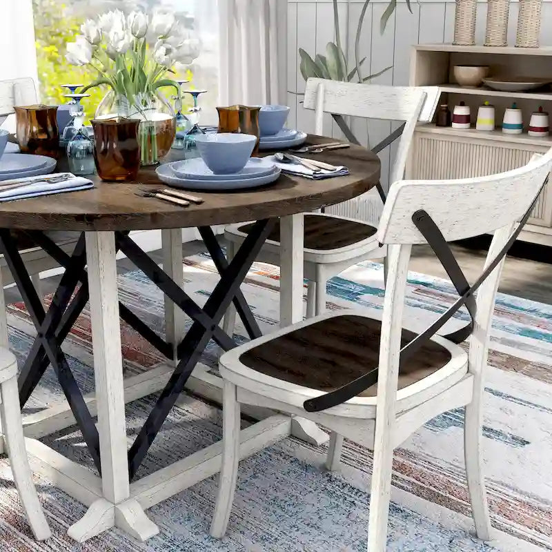 Table de salle à manger ronde de ferme avec base piédestal en hévéa blanc antique