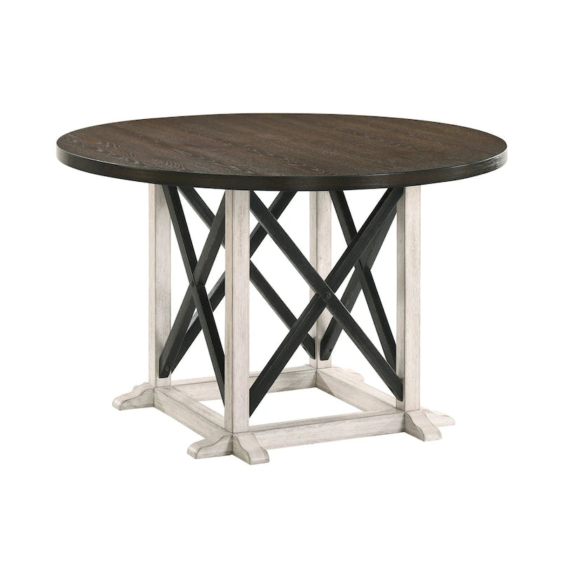 Table de salle à manger ronde de ferme avec base piédestal en hévéa blanc antique