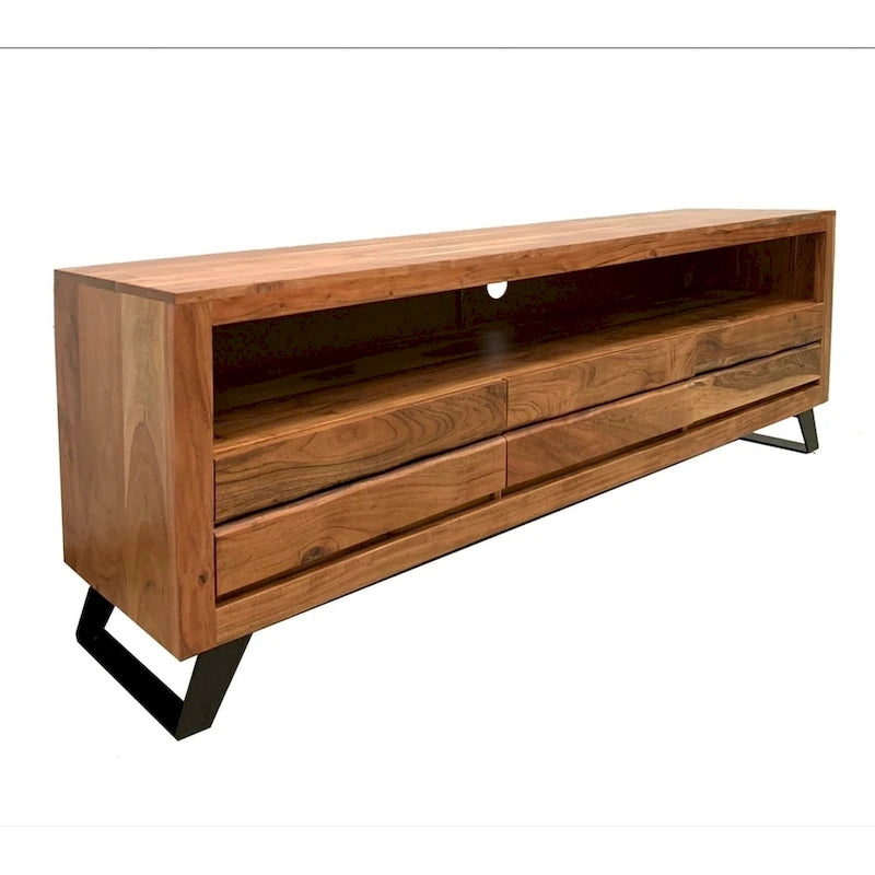 Meuble TV en bois d'acacia massif fait main avec bords naturels